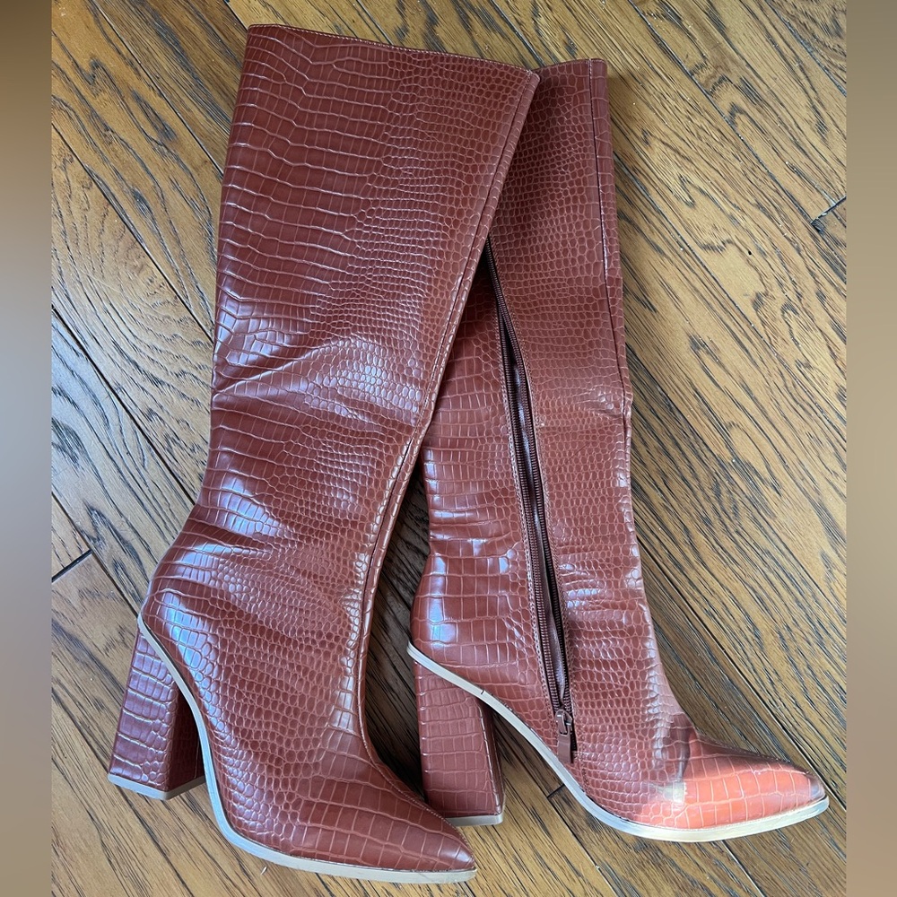Elegant Brown Croc-Embossed Knee-High Boots